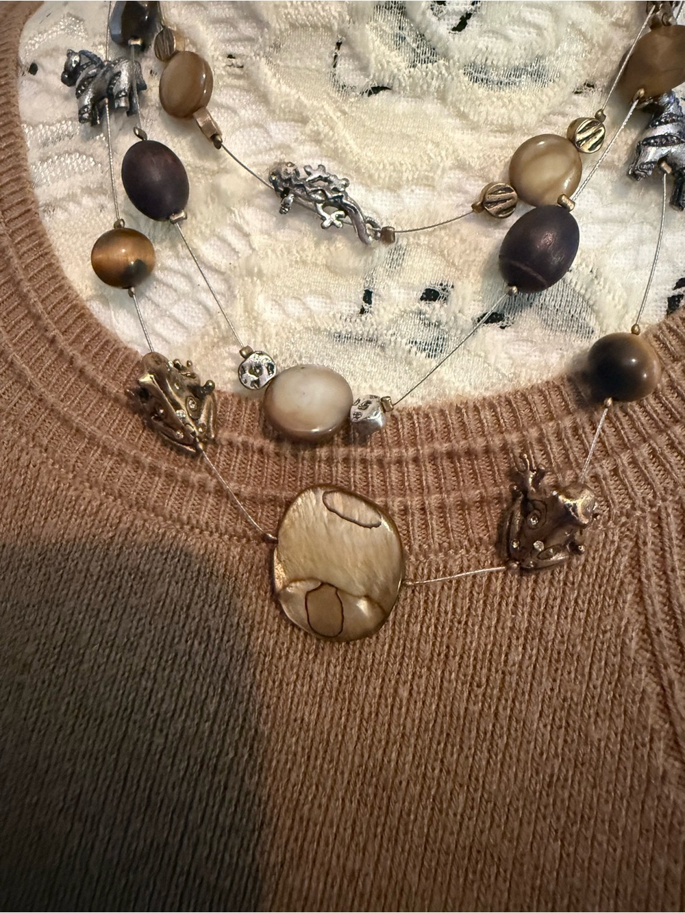 Chico's Multi-Strand Beige and Brown Bead Necklace with Metallic Charms